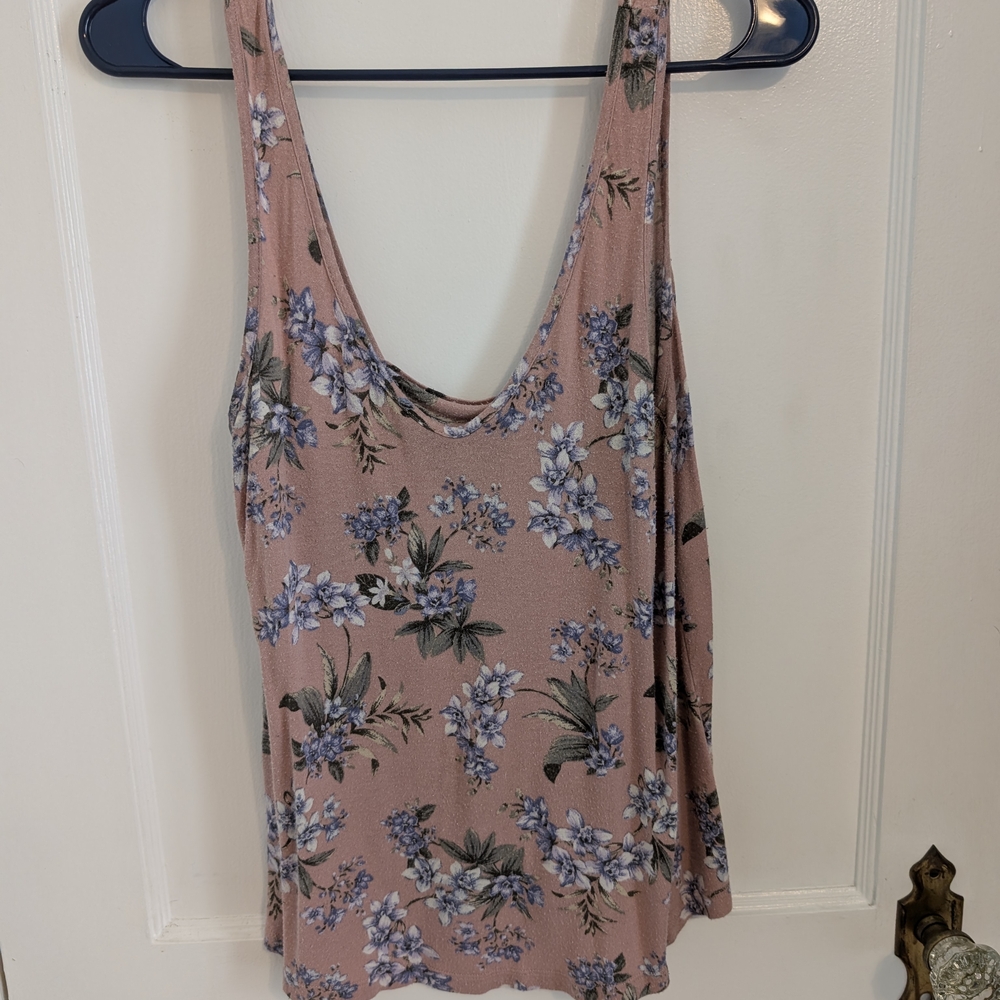 Floral Pink Scoop Tank Top with Blue Accent Print